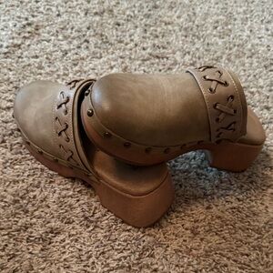 Pierre Dumas Taupe Platform Clog Mules with Stud and Lace Trim